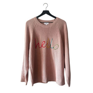 AnnieWear Pink Knit Sweater “Hello” Graphic Pullover Rainbow Letters